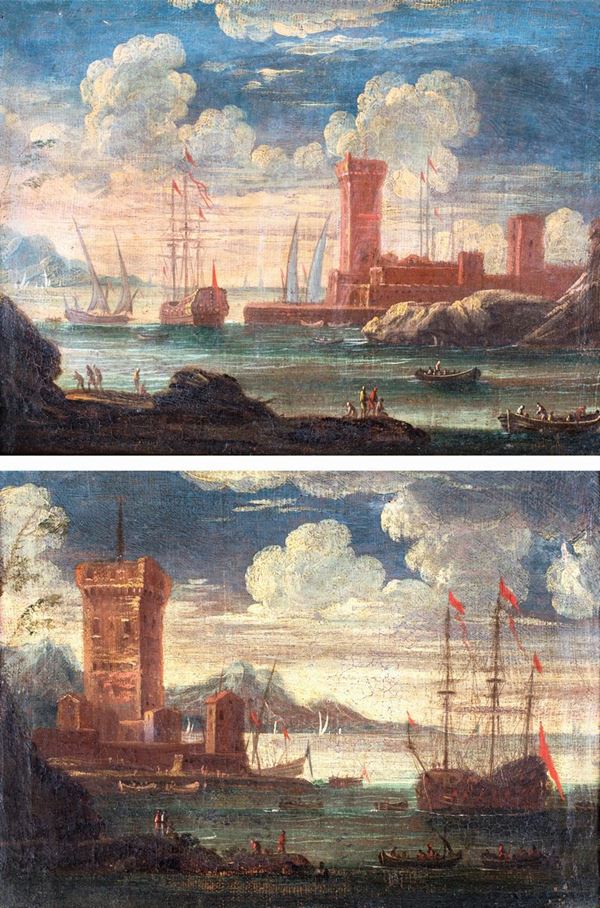 Pittore fine XVII/inizio XVIII secolo - Marina con galeone ed altre imbarcazioni 