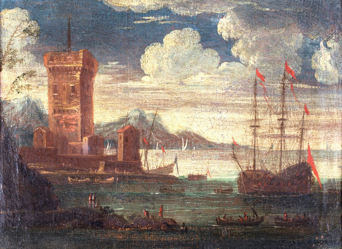 Pittore Fine XVII/inizio XVIII Secolo - Marina con Galeone ed Altre Imbarcazioni