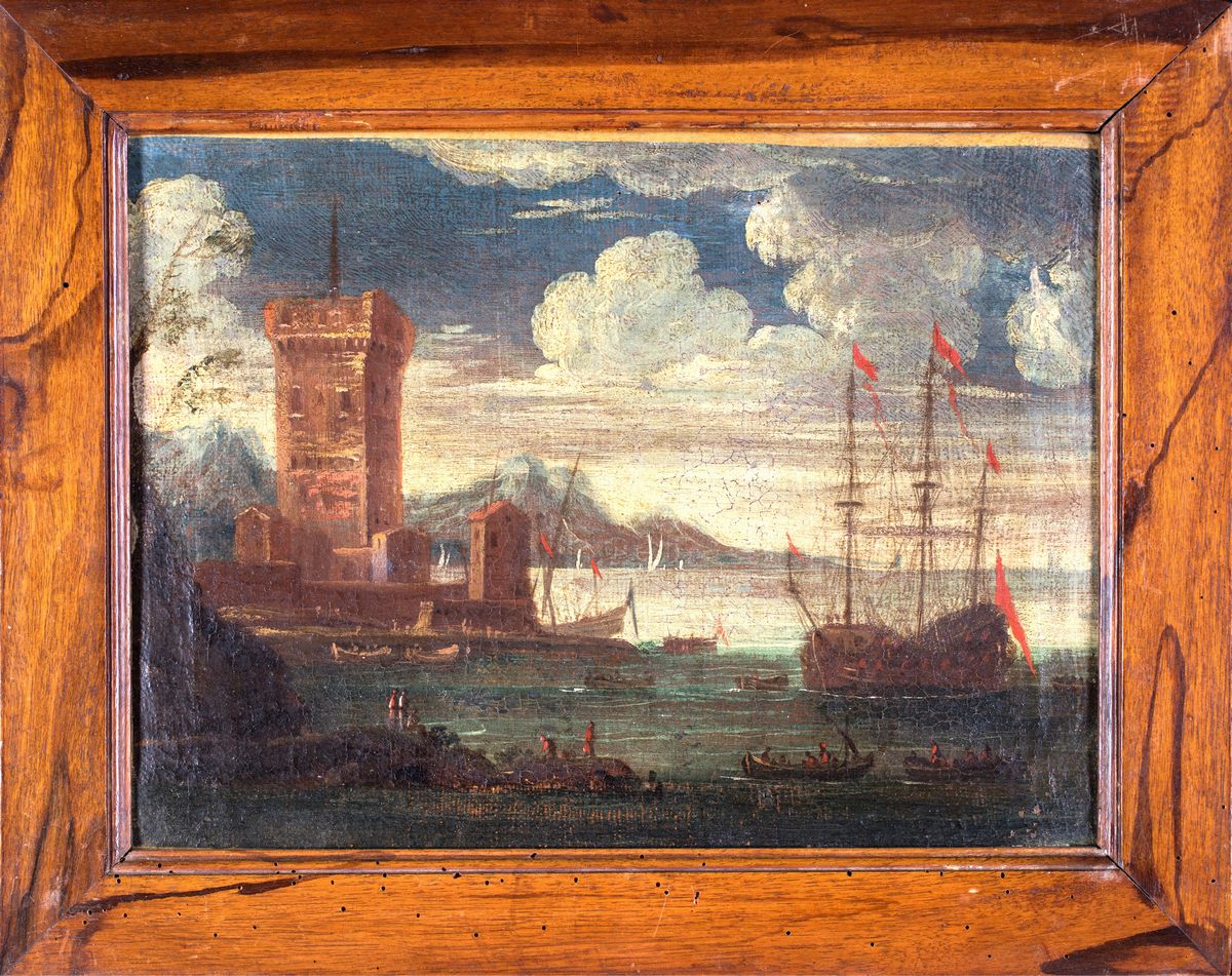 Pittore Fine XVII/inizio XVIII Secolo - Marina con Galeone ed Altre Imbarcazioni