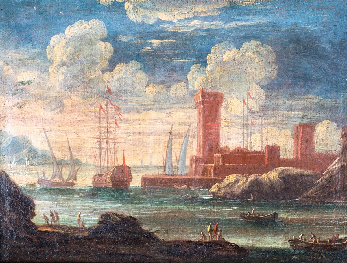 Pittore Fine XVII/inizio XVIII Secolo - Marina con Galeone ed Altre Imbarcazioni