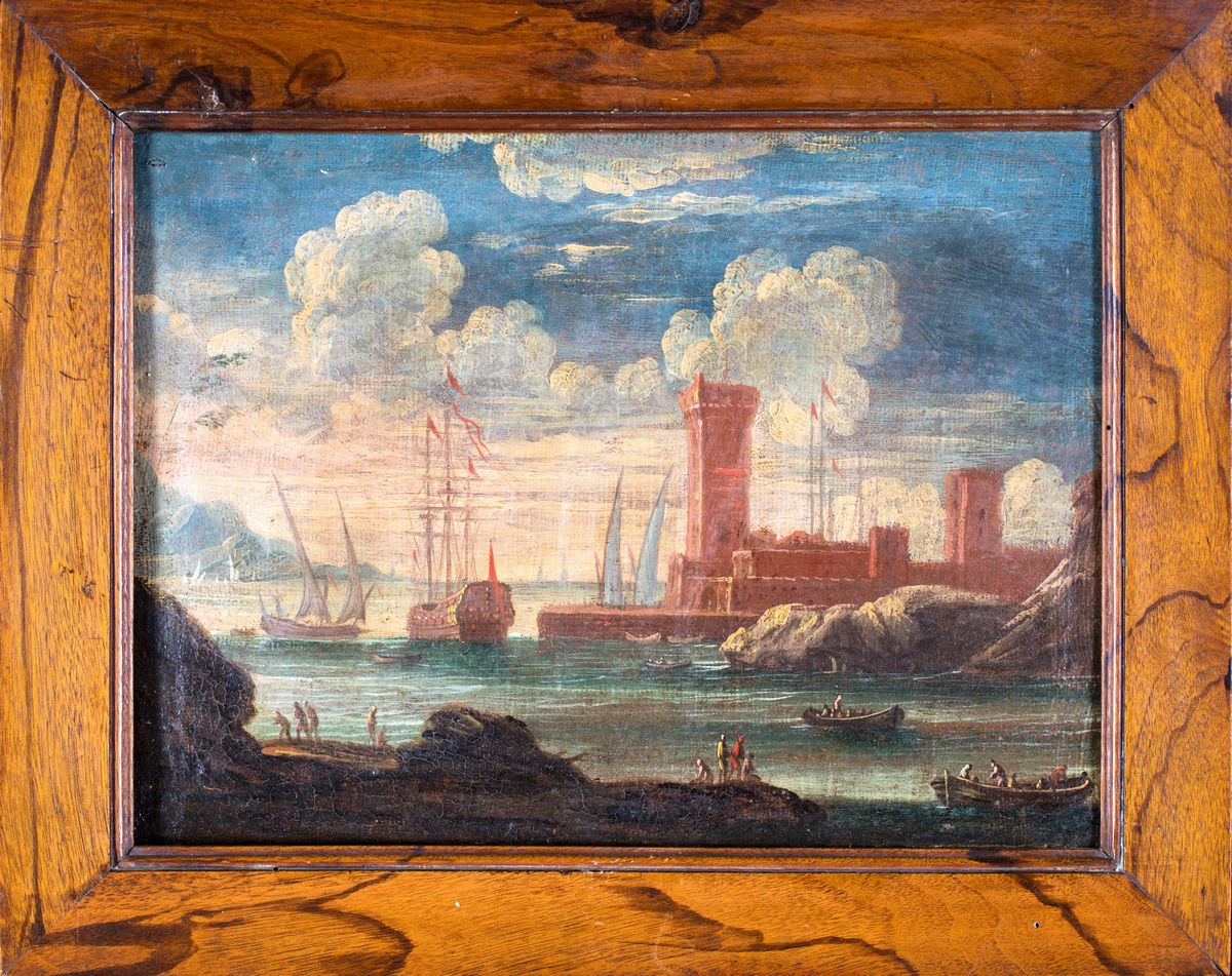 Pittore Fine XVII/inizio XVIII Secolo - Marina con Galeone ed Altre Imbarcazioni
