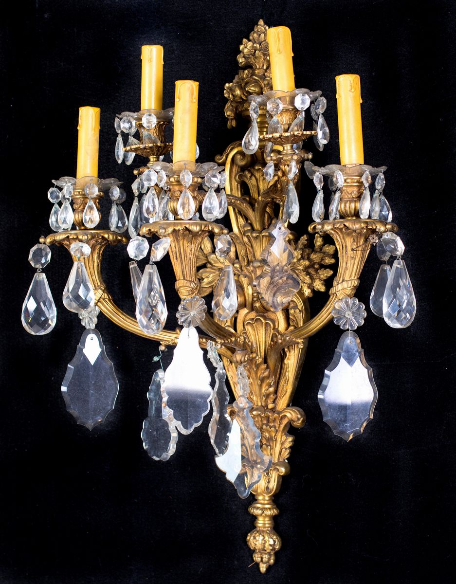 Coppia di Appliques in Bronzo Dorato a Cinque Luci, XIX Secolo