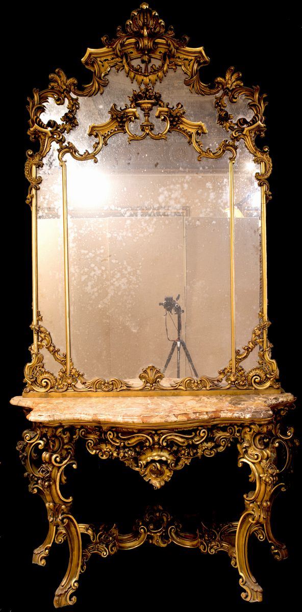 Console con specchiera in legno intagliato e dorato, met&#224; del XIX secolo