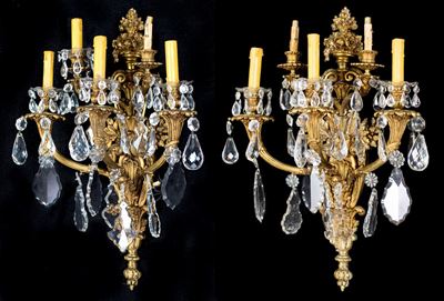 Coppia di Appliques in Bronzo Dorato a Cinque Luci, XIX Secolo