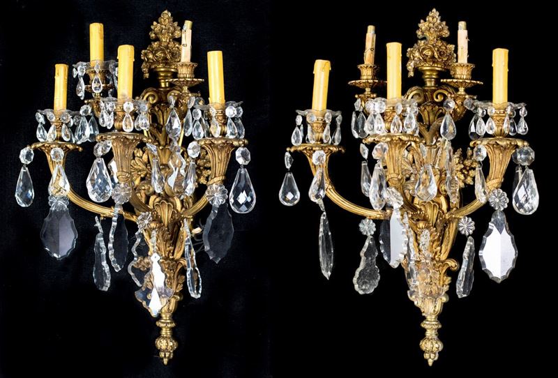 Coppia di Appliques in Bronzo Dorato a Cinque Luci, XIX Secolo