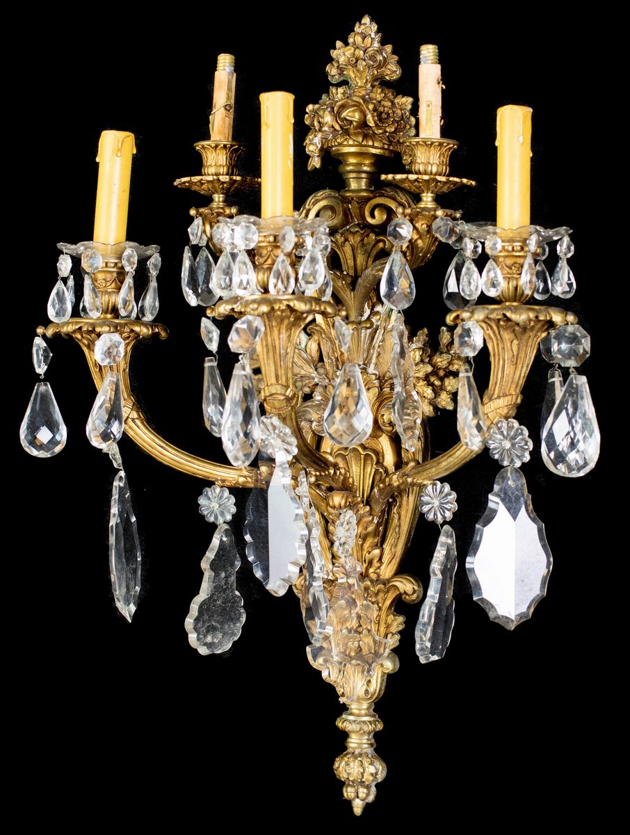Coppia di Appliques in Bronzo Dorato a Cinque Luci, XIX Secolo