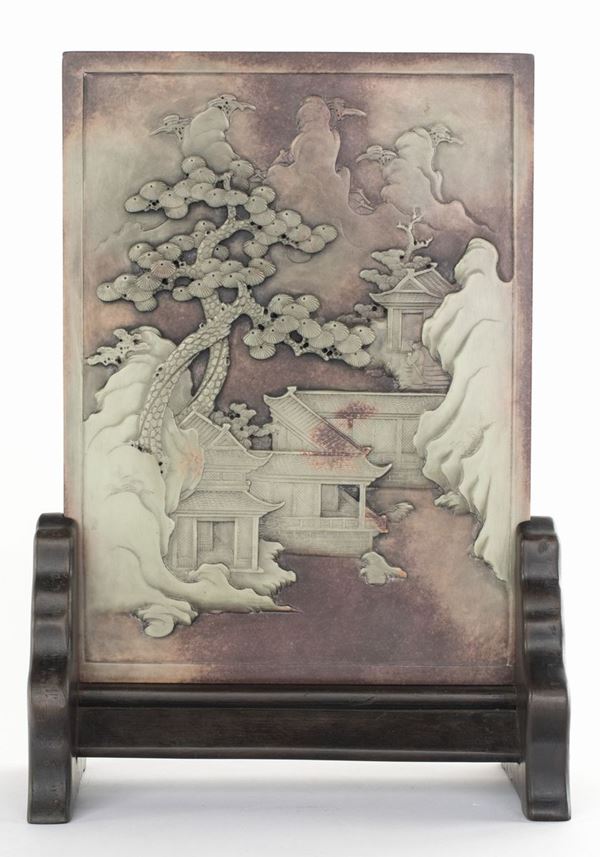 Schermo da tavolo in pietra saponaria, Cina, fine della dinastia Qing, inizi del XX secolo