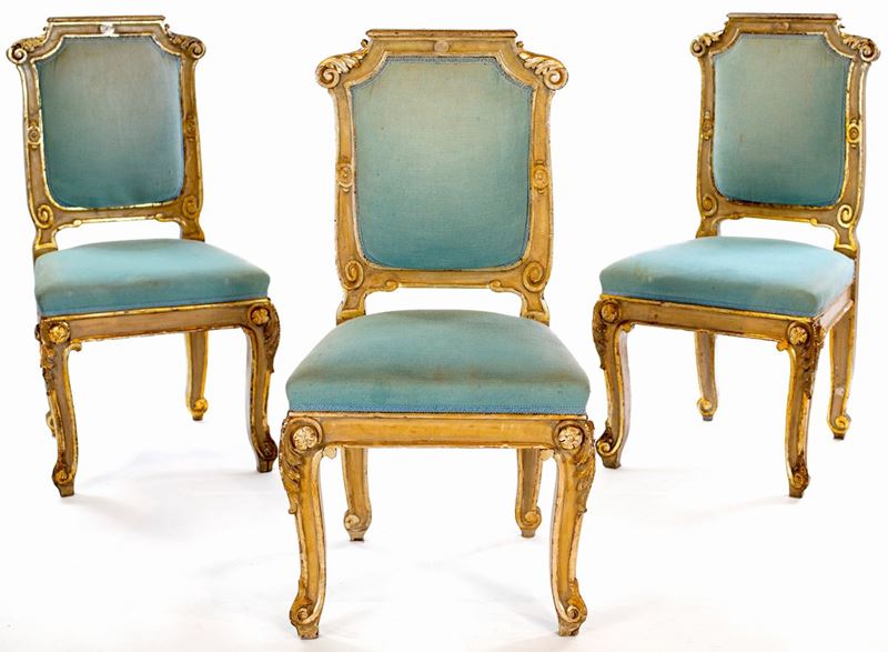 Tre Sedie in Legno Laccato e Argentato, Fine XIX Secolo