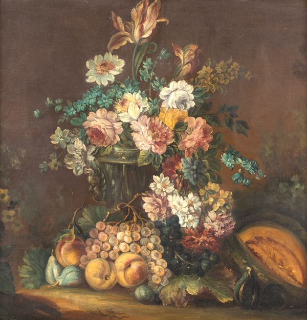 Pittore del XIX secolo - Natura morta di fiori e frutta