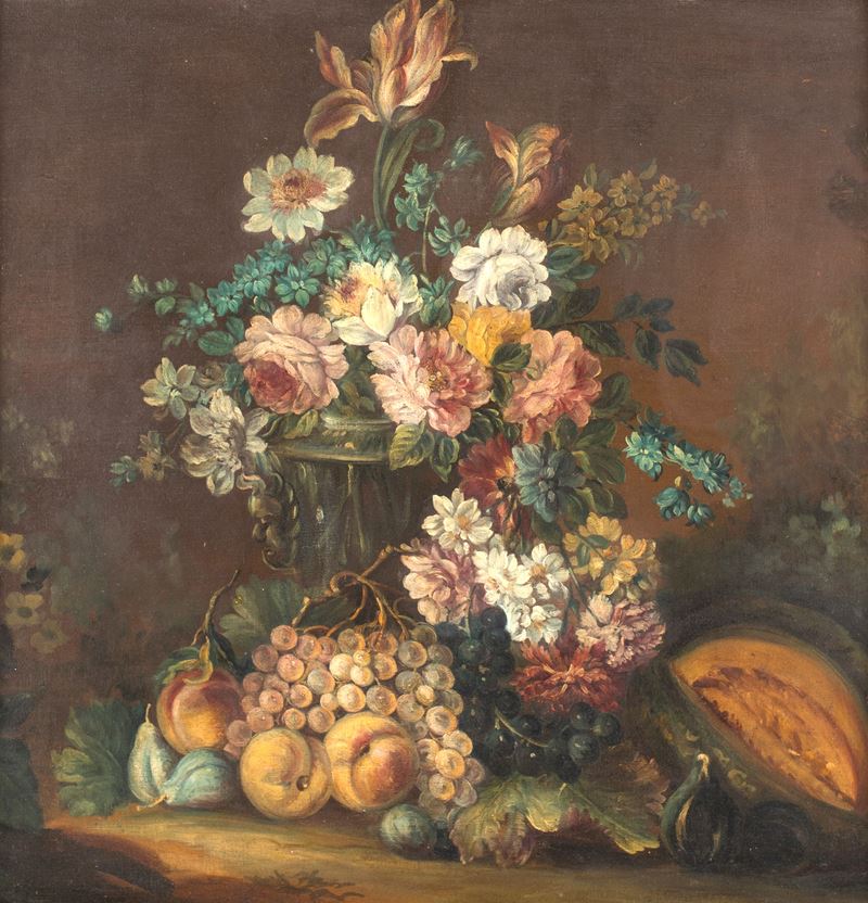Pittore del XIX Secolo - Natura Morta di Fiori e Frutta