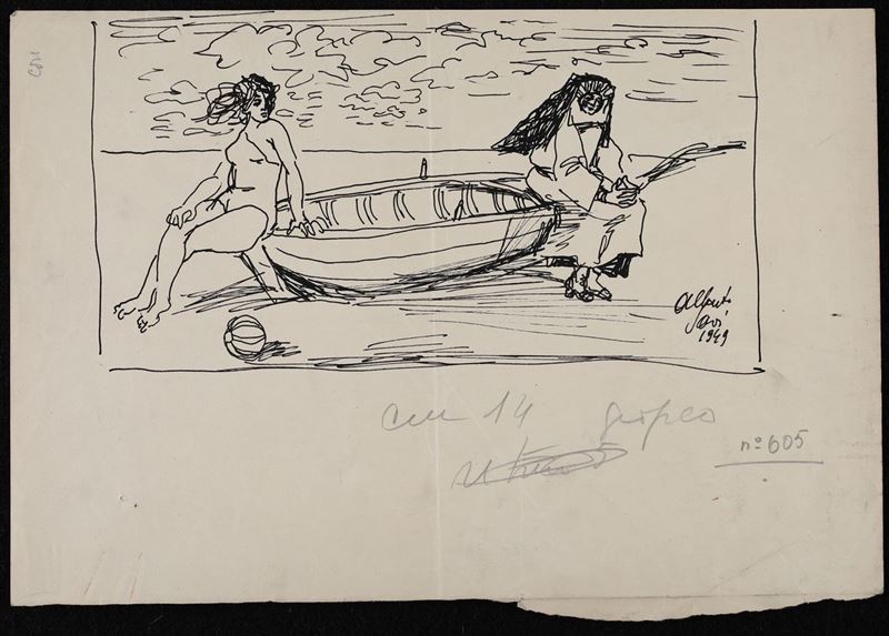 Alberto Sani - Marina con Due Figure sulla Barca