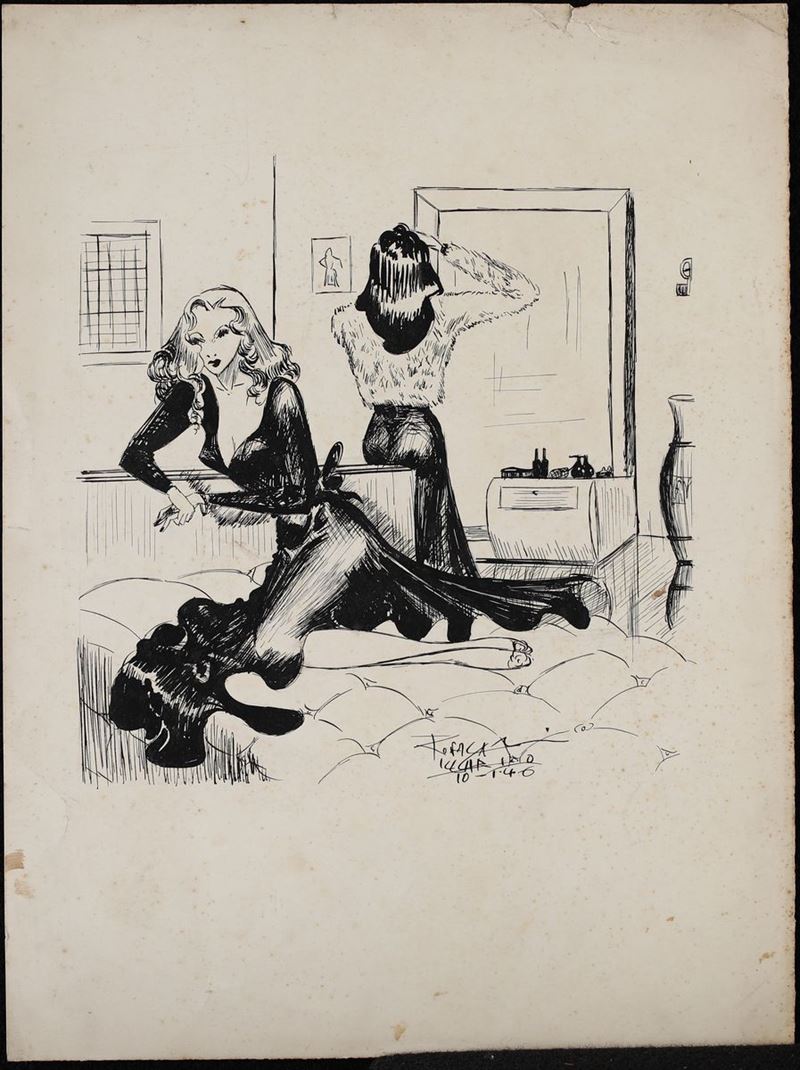 Anonimo del XX Secolo - Scena di Interno con Donna Sdraiata e Donna allo Specchio