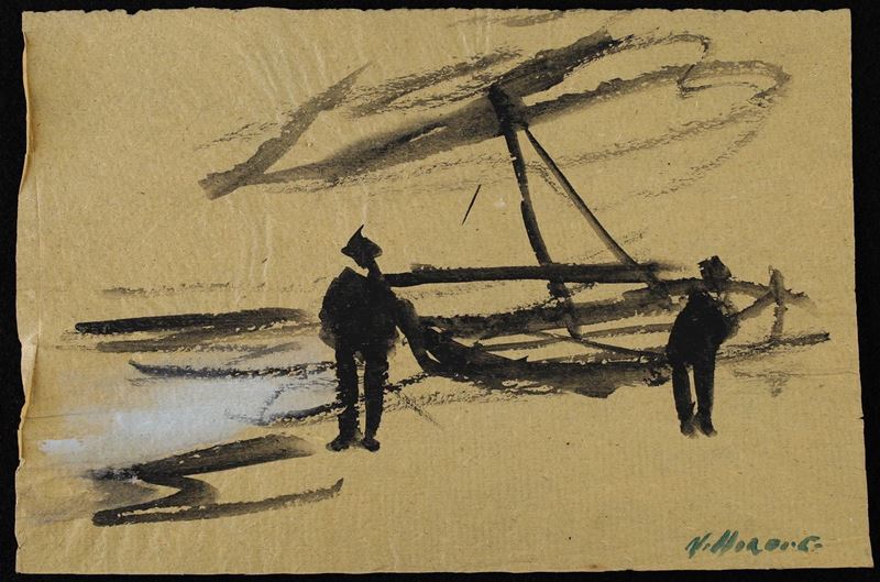 Franco Villoresi - Senza Titolo (due Figure sulla Spiaggia con Barca)