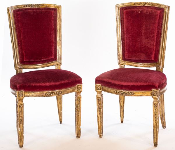 Tre sedie in legno dorato, XIX secolo  - Asta Antiquariato, Mobili, Arredi, Dipinti Antichi e del XIX Secolo. - Casa d'Aste Arcadia