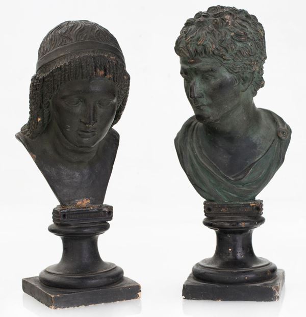 Due bustini in terracotta patinata ad imitazione del bronzo, XIX secolo  - Asta Fine Antiques e Tappeti - Casa d'Aste Arcadia