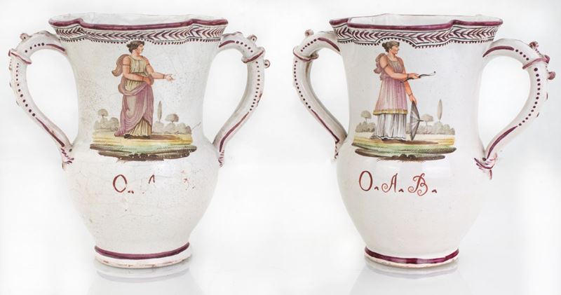 Due Antichi Vasi Biansati in Maiolica Policroma