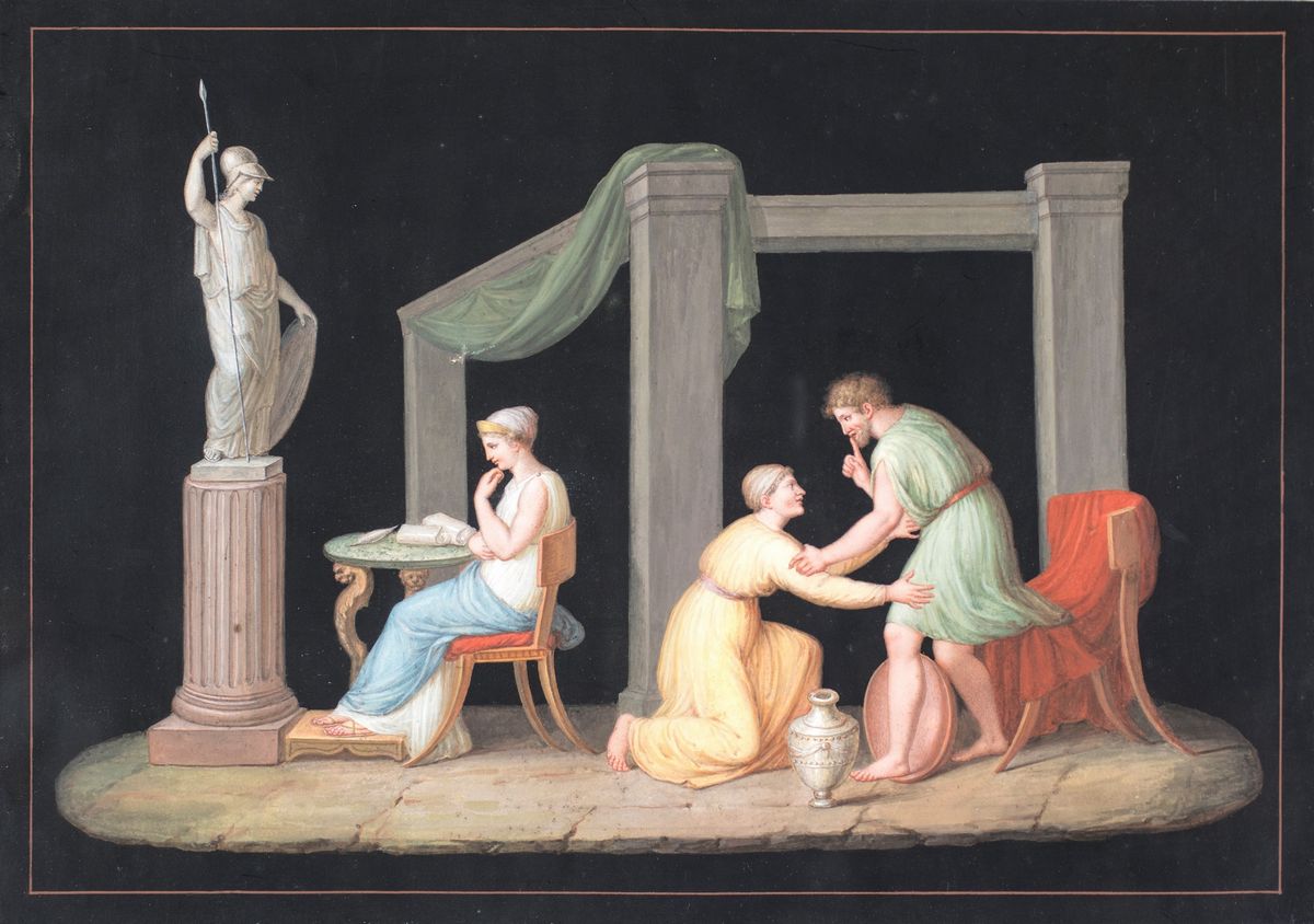 Pittore del XIX Secolo - A) Interno Pompeiano B) Mercantessa di Amore
