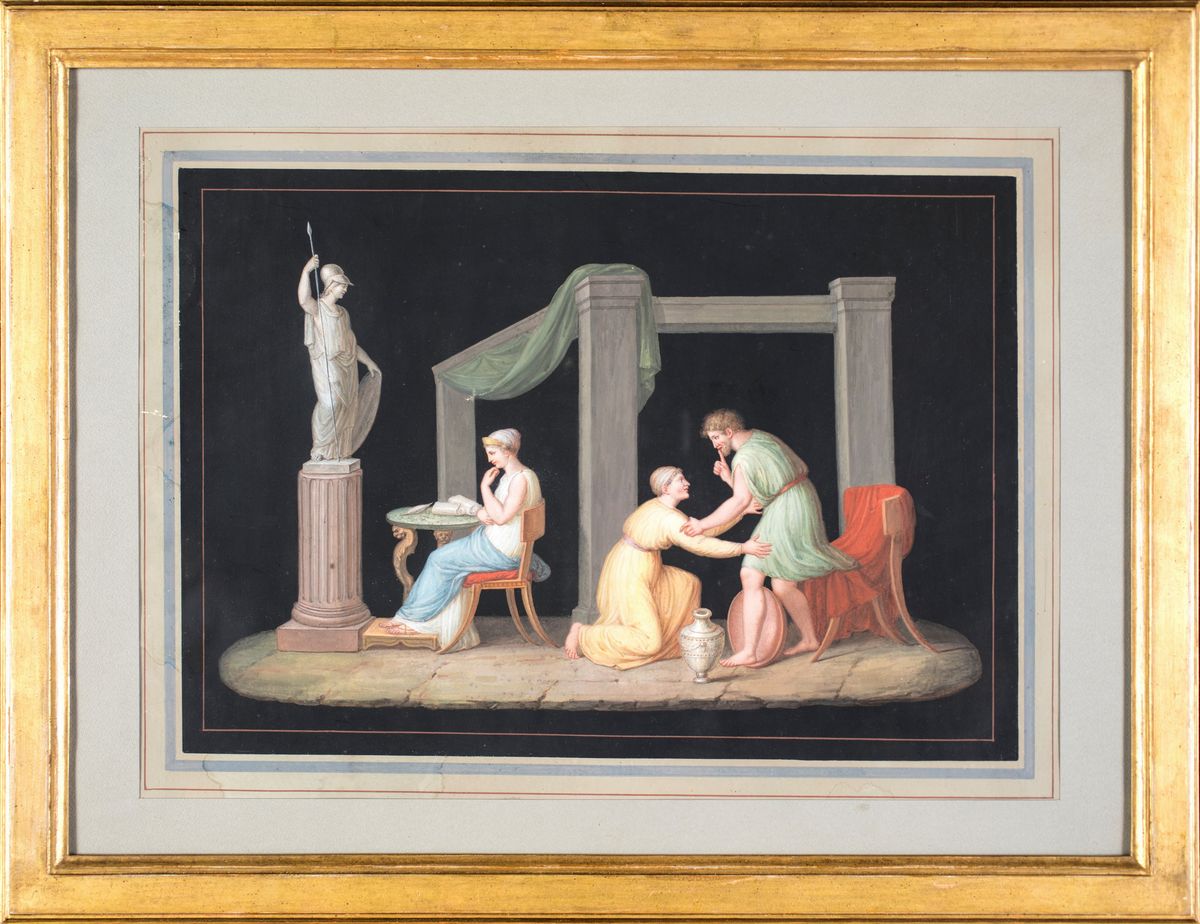 Pittore del XIX Secolo - A) Interno Pompeiano B) Mercantessa di Amore