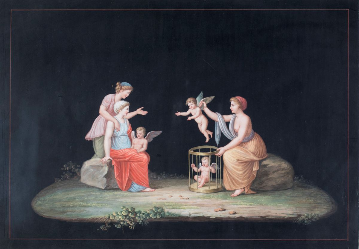Pittore del XIX Secolo - A) Interno Pompeiano B) Mercantessa di Amore