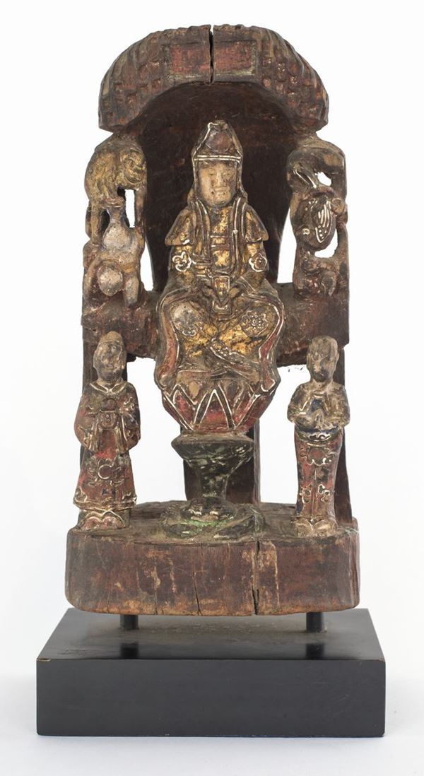 Piccola figura di Guanyin avalokitesvara in legno policromo, Cina dinastia Qing, XIX secolo