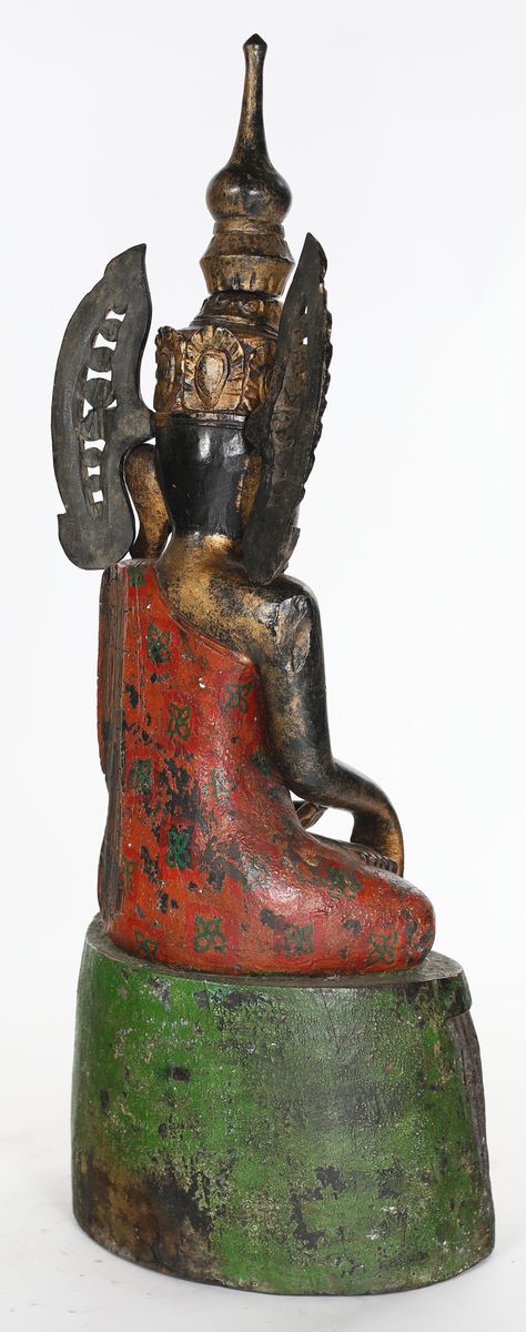 Buddha Bhumisparsha in Legno Policromo e Dorato, Bali, Indonesia, XX Secolo