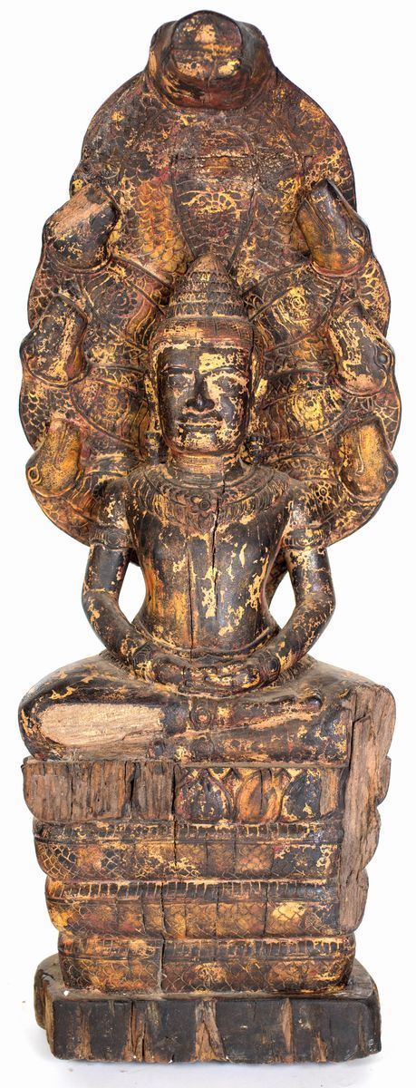 Buddha Dhyana in Legno Laccato Rosso, Cambogia, Post Angkor, XIX Secolo