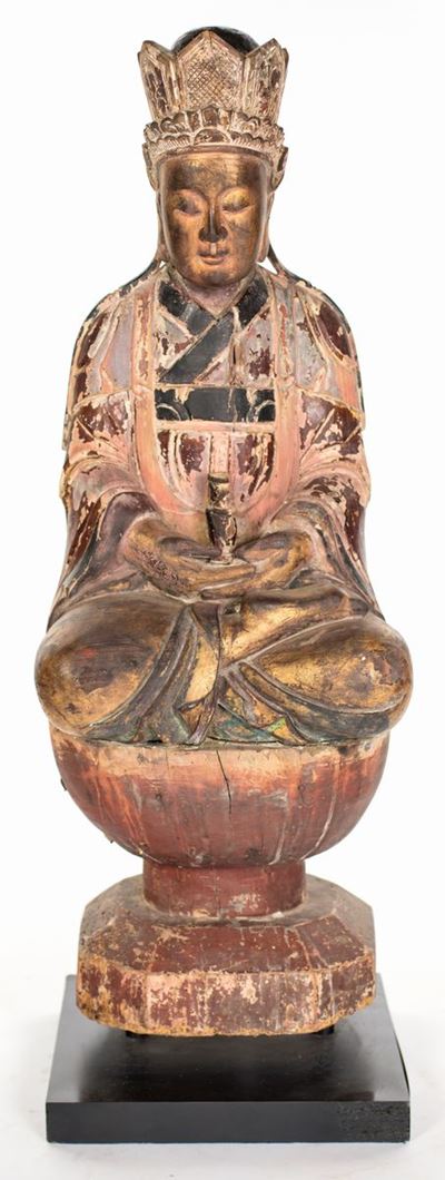 Grande Guanyin Avalokitesvara in Legno Policromo con Tracce di Doratura, Cina, Dinastia Qing, XIX...