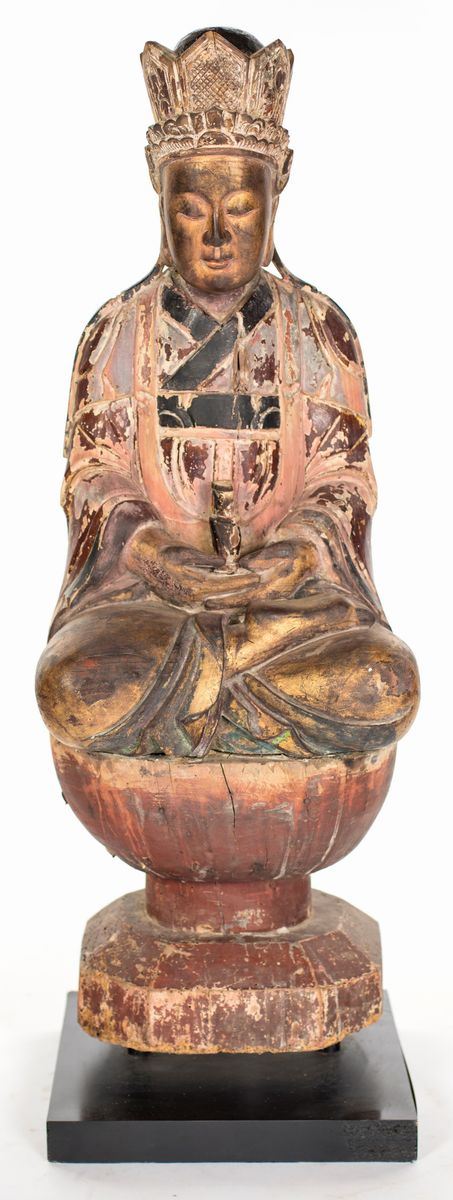Grande Guanyin Avalokitesvara in Legno Policromo con Tracce di Doratura, Cina, Dinastia Qing, XIX...
