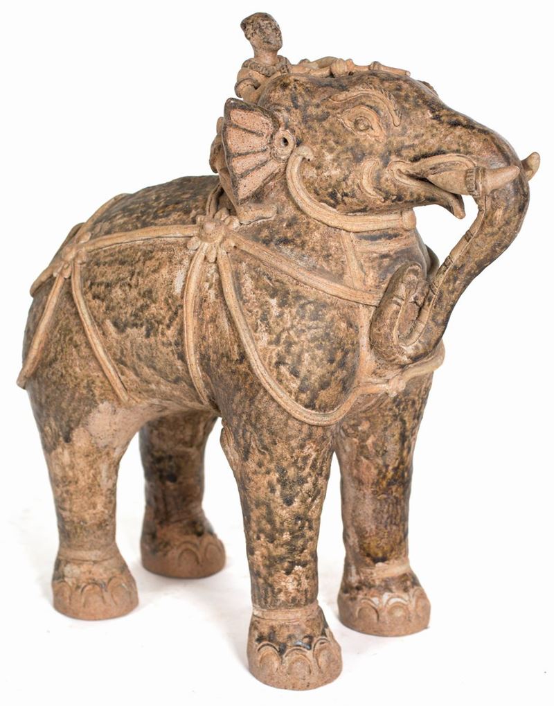 Grande Elefante Condotto da Mahut in Ceramica, Thailandia, XX Secolo
