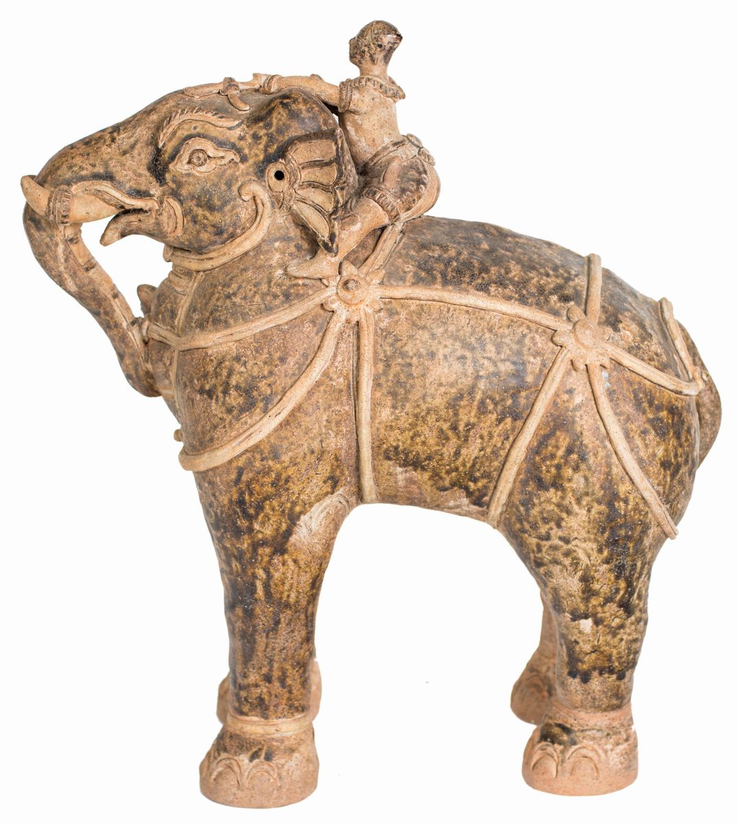 Grande Elefante Condotto da Mahut in Ceramica, Thailandia, XX Secolo