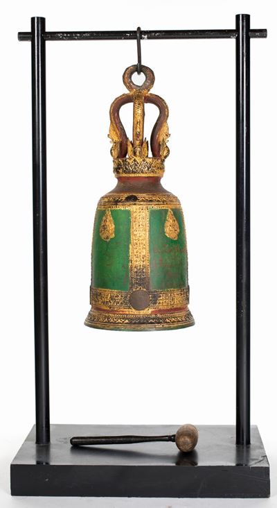 Bonsho - Campana da Tempio Buddhista in Metallo Colorato, Thailandia, Dinastia Rattanakosin, Fine...