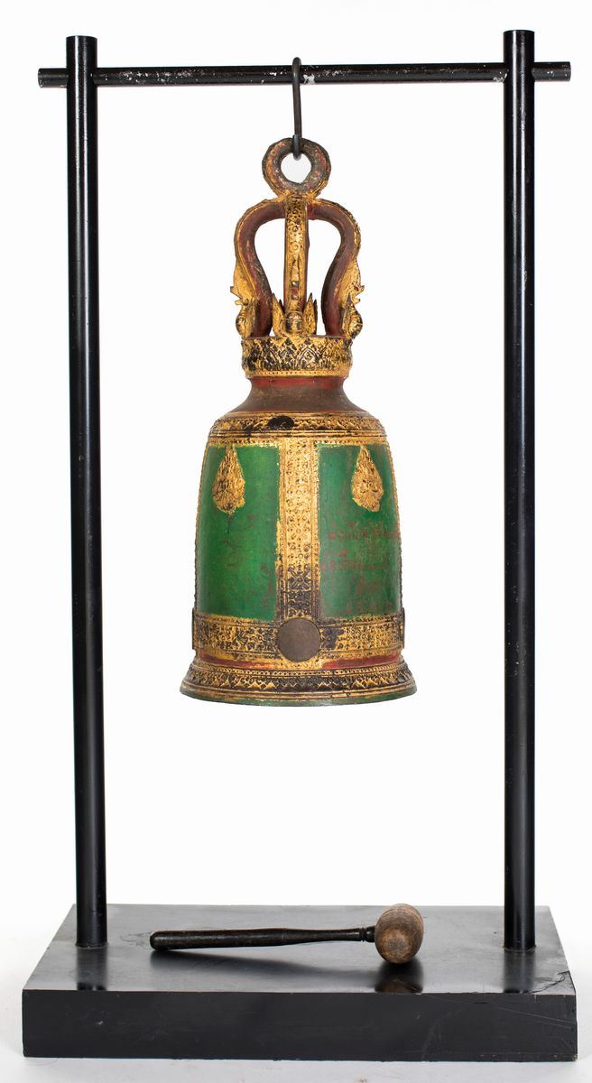 Bonsho - Campana da Tempio Buddhista in Metallo Colorato, Thailandia, Dinastia Rattanakosin, Fine...