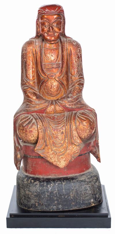 Scultura in Legno Laccato Rosso e Dorato, Cina, Dinastia Qing, XIX Secolo