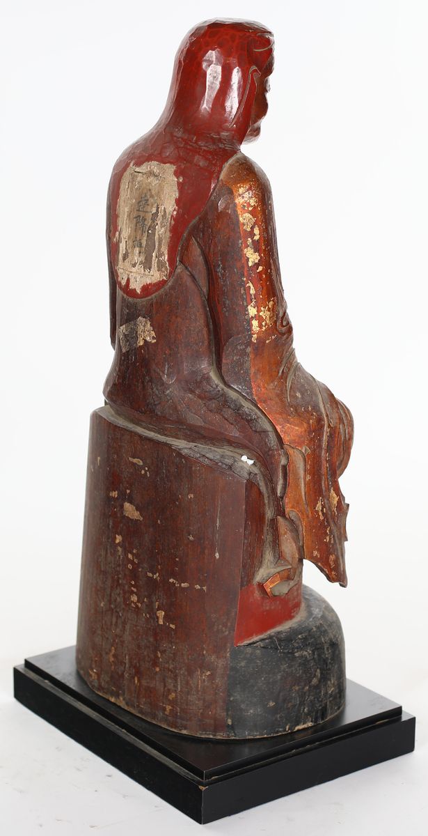 Scultura in Legno Laccato Rosso e Dorato, Cina, Dinastia Qing, XIX Secolo