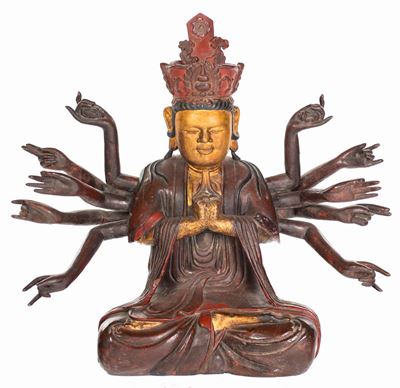 Guanyin Bodhisattva Avalokiteshvara in Legno Laccato Rosso e Dorato, Vietnam, Dinastia Nguyen, Se...