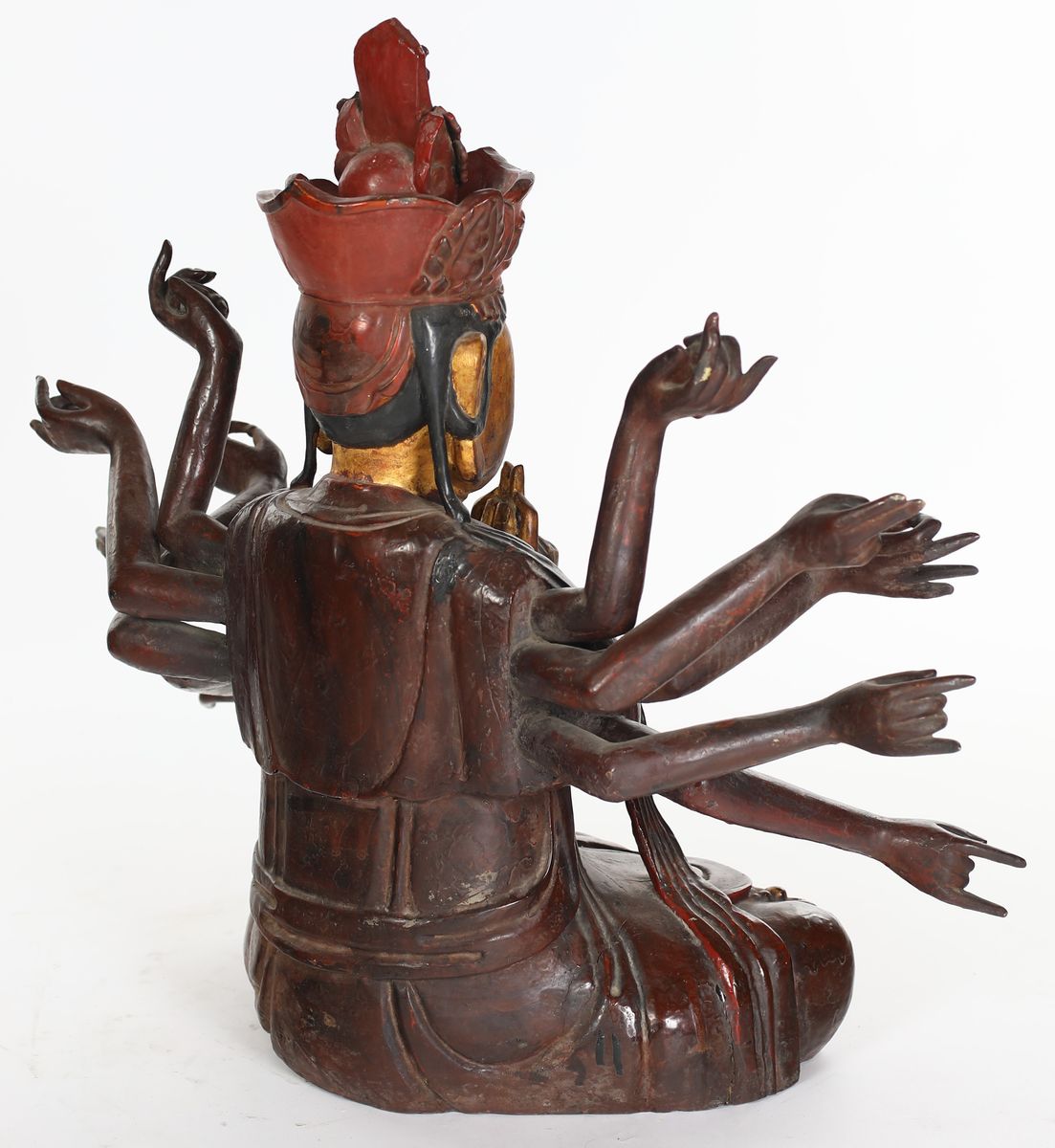 Guanyin Bodhisattva Avalokiteshvara in Legno Laccato Rosso e Dorato, Vietnam, Dinastia Nguyen, Se...