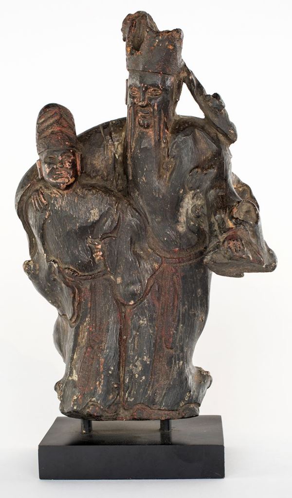 Gruppo scultoreo in legno, Cina, dinastia Qing, inizio del XIX secolo