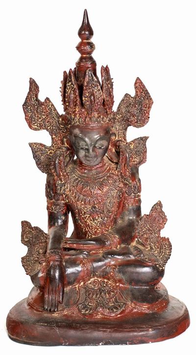 Buddha Bumhmisparsha in Lacca e Carta Pesta su Stoffa, Birmania, XIX Secolo