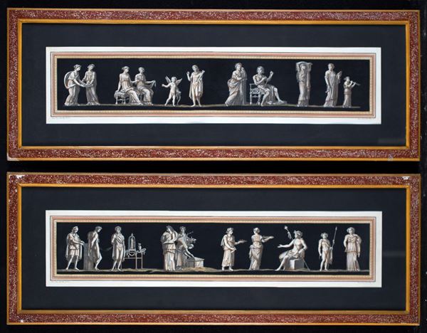 Figure pompeiane, prima met&#224; del XIX secolo  - coppia di acqueforti colorate a mano - Asta Fine Antiques e Tappeti - Casa d'Aste Arcadia