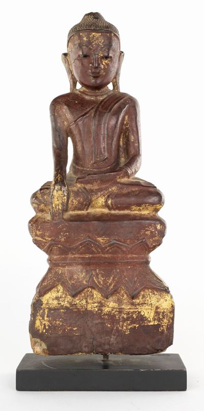 Buddha Bhumispharsa in Legno Laccato Rosso, Stato Shan, Birmania, XVIII Secolo