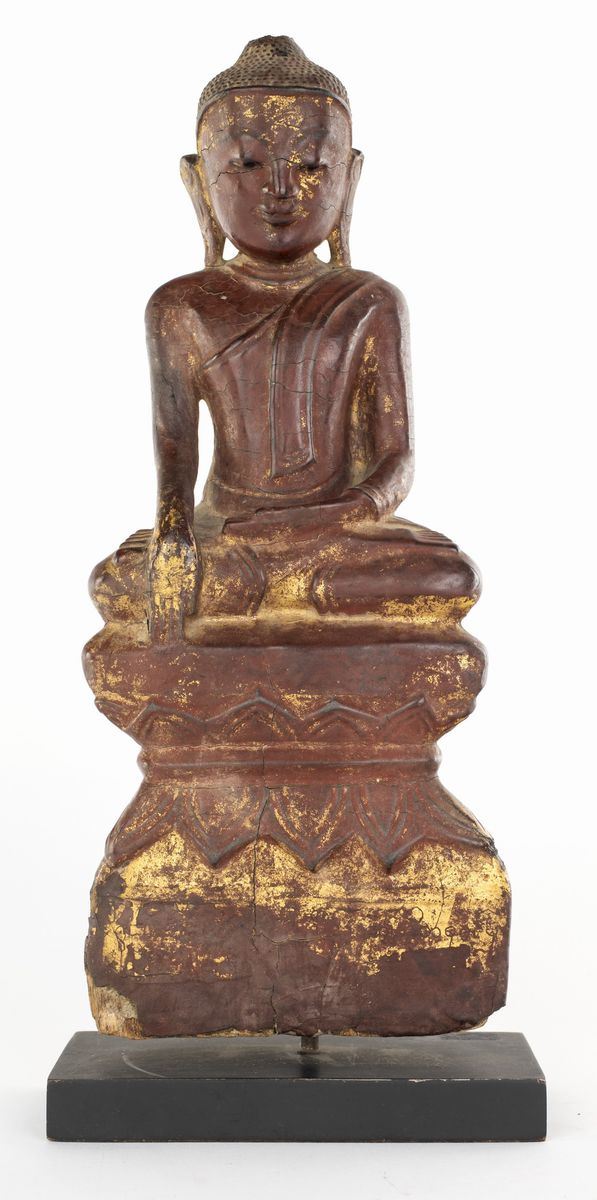 Buddha Bhumispharsa in Legno Laccato Rosso, Stato Shan, Birmania, XVIII Secolo