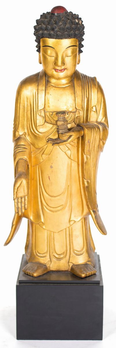 Buddha in legno dorato e lacca rossa, Cina, fine della dinastia Qing, inizio XX secolo
