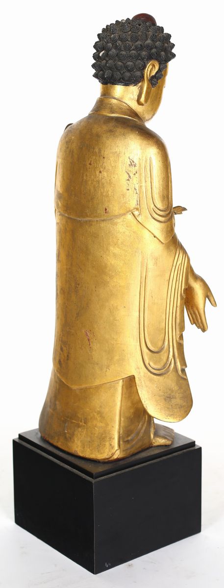 Buddha in Legno Dorato e Lacca Rossa, Cina, Fine della Dinastia Qing, Inizio XX Secolo