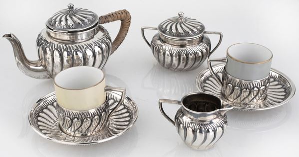 Servizio da caff&#232; in argento e porcellana vis &#224; vis, argentiere Marty, Torino inizio XX secolo