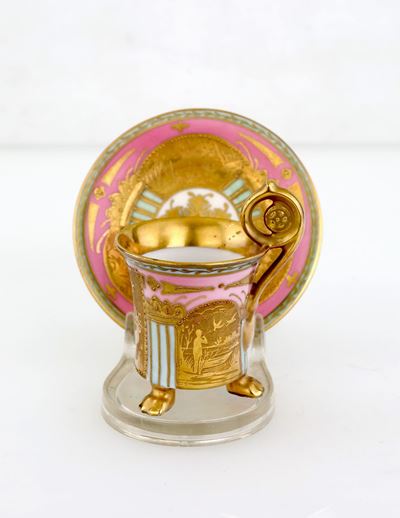Tazzina da Caffè in Porcellana Rosa, Verde e Oro, Cecoslovacchia, Inizio XX Secolo