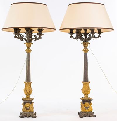 Coppia di Grandi Candelabri in Bronzo Argentato e Dorato a Sette Luci, Primo Quarto del XIX Secol...