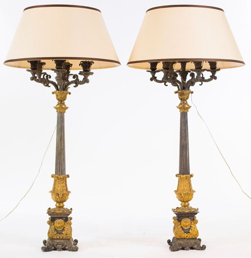 Coppia di Grandi Candelabri in Bronzo Argentato e Dorato a Sette Luci, Primo Quarto del XIX Secol...