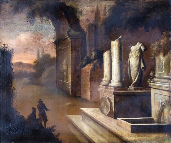 Pittore fine del XVIII secolo - Paesaggio con rovine e figure