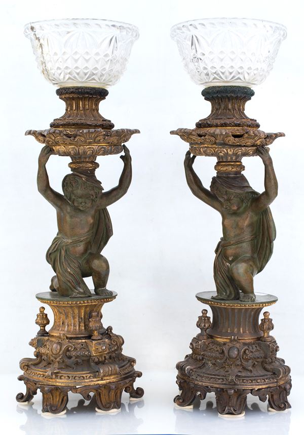 Coppia di alzate in bronzo e cristallo, XIX secolo