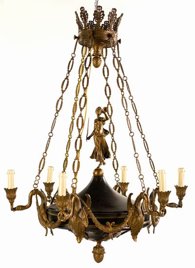 Lampadario in Bronzo di Gusto Impero a Sei Luci, Seconda Metà del XIX Secolo